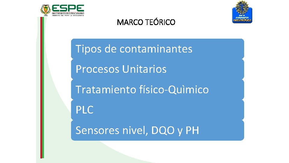 MARCO TEÓRICO Tipos de contaminantes Procesos Unitarios Tratamiento físico-Quìmico PLC Sensores nivel, DQO y