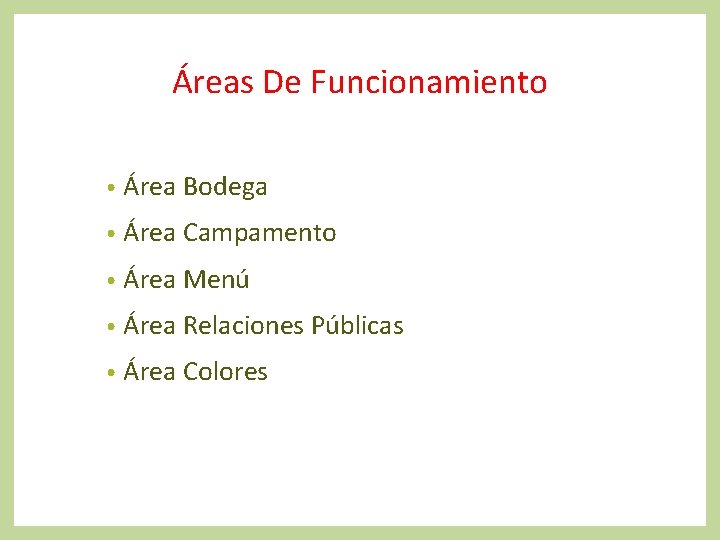 Áreas De Funcionamiento • Área Bodega • Área Campamento • Área Menú • Área