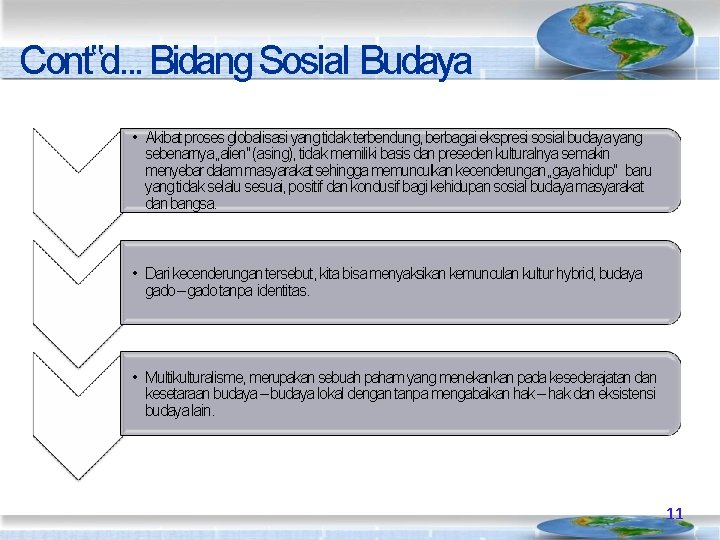 Cont‟d. . . Bidang Sosial Budaya • Akibat proses globalisasi yang tidak terbendung, berbagai