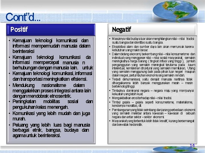 Cont‟d. . . Positif • Kemajuan teknologi komunikasi dan informasi mempermudah manusia dalam berinteraksi