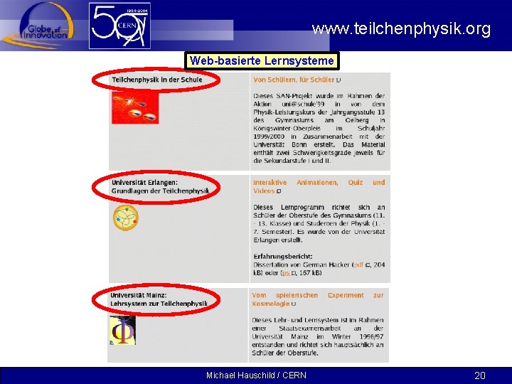 www. teilchenphysik. org Web-basierte Lernsysteme Michael Hauschild / CERN 20 