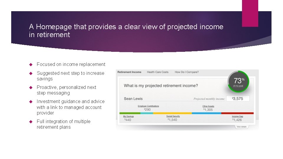 A Homepage that provides a clear view of projected income in retirement Focused on