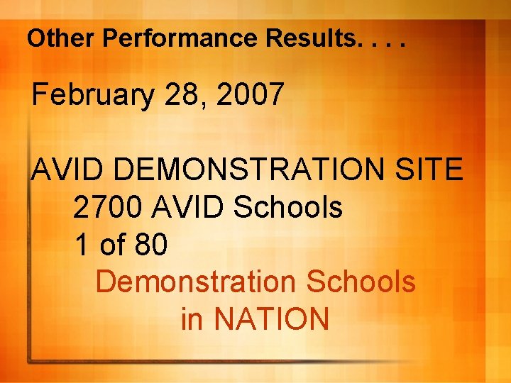 Other Performance Results. . February 28, 2007 AVID DEMONSTRATION SITE 2700 AVID Schools 1