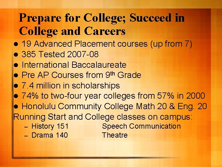 Prepare for College; Succeed in College and Careers 19 Advanced Placement courses (up from