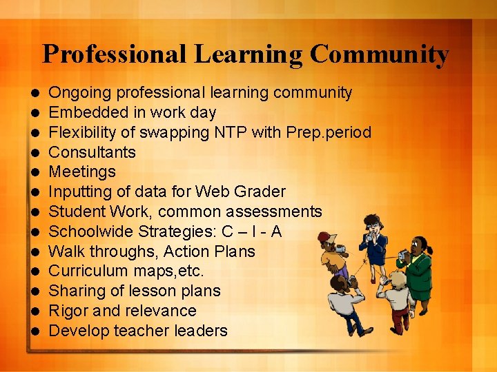 Professional Learning Community l l l l Ongoing professional learning community Embedded in work