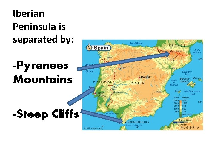 Iberian Peninsula is separated by: -Pyrenees Mountains -Steep Cliffs 