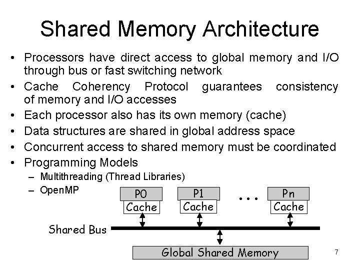 Shared Memory Architecture • Processors have direct access to global memory and I/O through