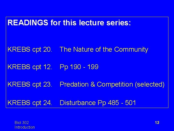 READINGS for this lecture series: KREBS cpt 20. The Nature of the Community KREBS