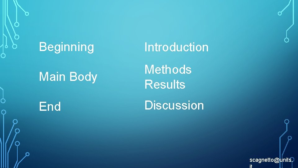 Beginning Introduction Main Body Methods Results End Discussion scagnetto@units. 