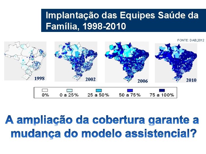 Implantação das Equipes Saúde da Família, 1998 -2010 FONTE: DAB, 2012 1998 2002 2006