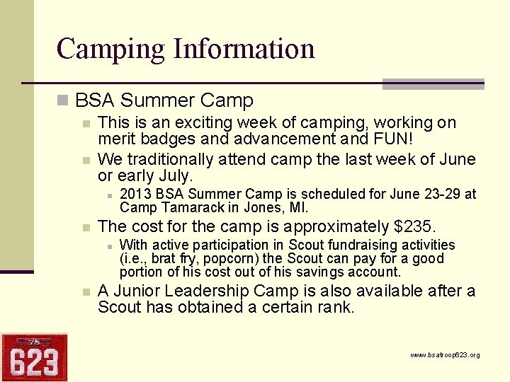 Camping Information n BSA Summer Camp n n This is an exciting week of