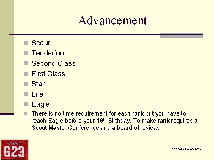 Advancement n Scout n Tenderfoot n Second Class n First Class n Star n