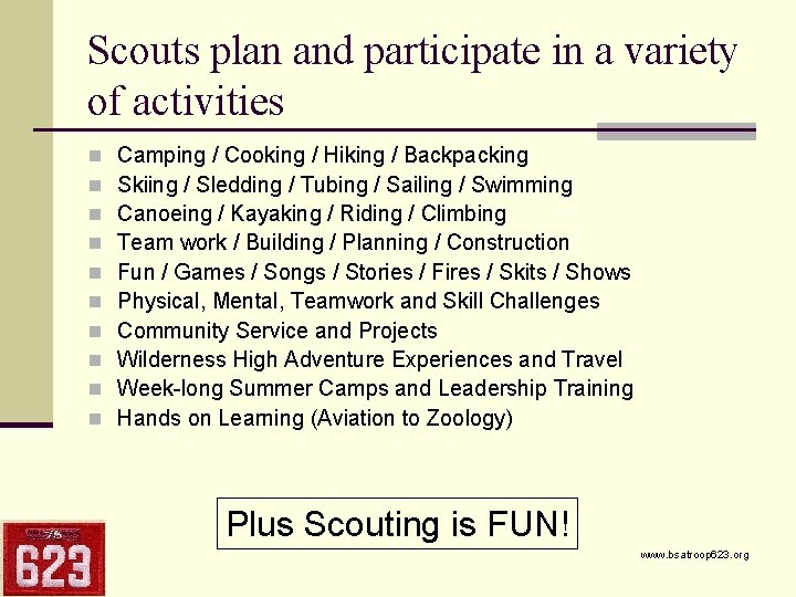 Scouts plan and participate in a variety of activities n n n n n