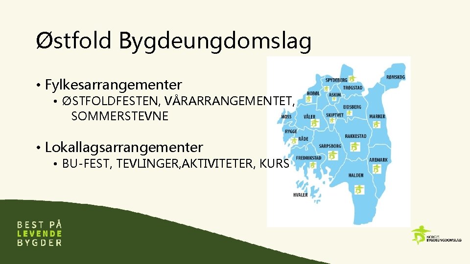 Østfold Bygdeungdomslag • Fylkesarrangementer • ØSTFOLDFESTEN, VÅRARRANGEMENTET, SOMMERSTEVNE • Lokallagsarrangementer • BU-FEST, TEVLINGER, AKTIVITETER,