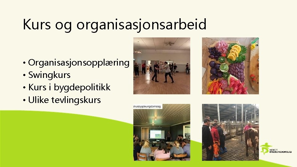 Kurs og organisasjonsarbeid • Organisasjonsopplæring • Swingkurs • Kurs i bygdepolitikk • Ulike tevlingskurs