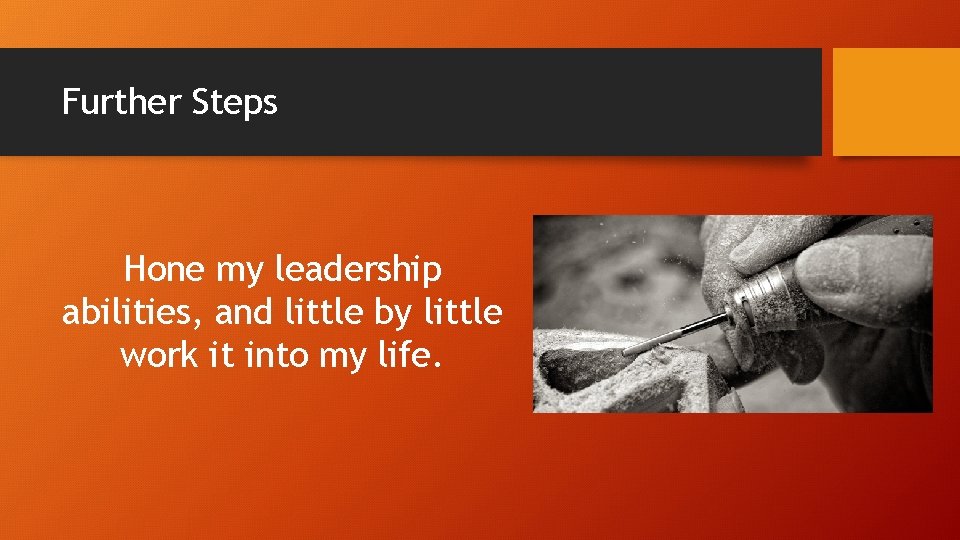 Further Steps Hone my leadership abilities, and little by little work it into my