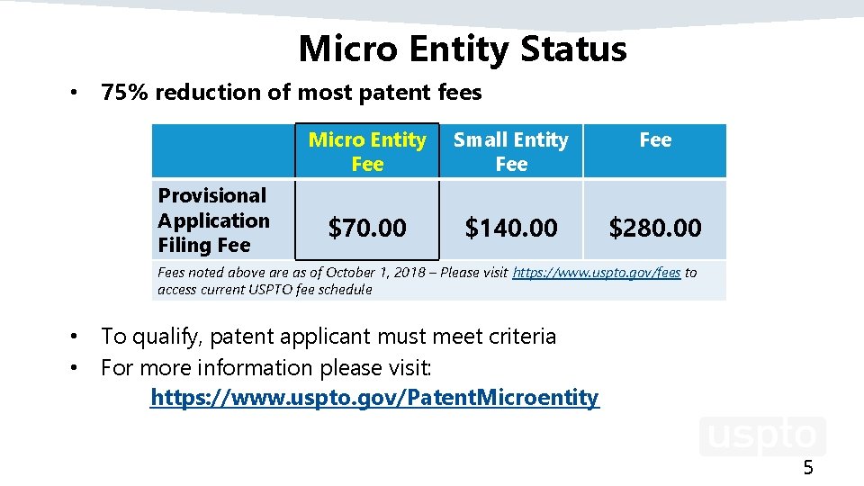 Micro Entity Status • 75% reduction of most patent fees Provisional Application Filing Fee