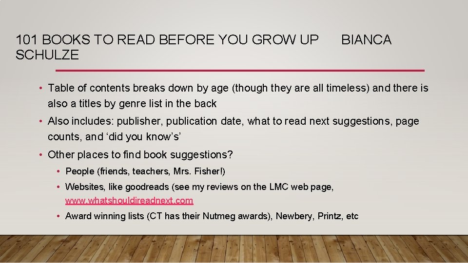 101 BOOKS TO READ BEFORE YOU GROW UP SCHULZE BIANCA • Table of contents