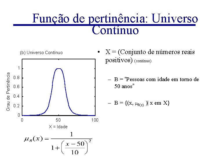 Função de pertinência: Universo Contínuo (b) Universo Contínuo • X = (Conjunto de números