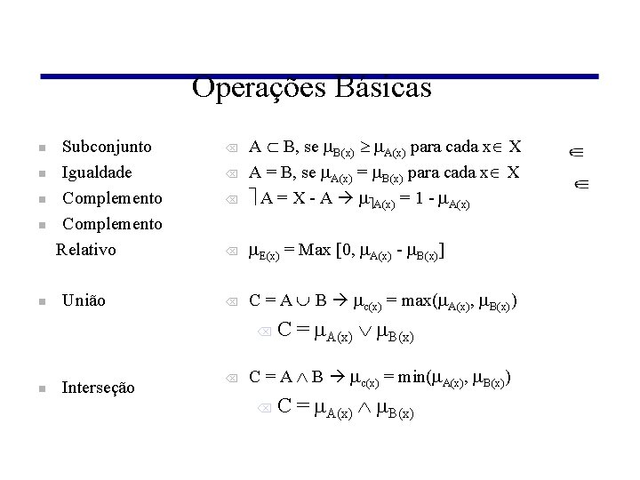 Operações Básicas n n n Subconjunto Igualdade Complemento Relativo União Õ A B, se