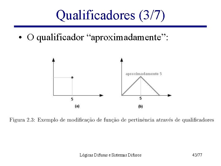 Qualificadores (3/7) • O qualificador “aproximadamente”: Lógicas Difusas e Sistemas Difusos 43/77 