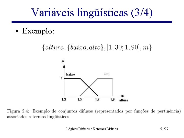 Variáveis lingüísticas (3/4) • Exemplo: Lógicas Difusas e Sistemas Difusos 51/77 