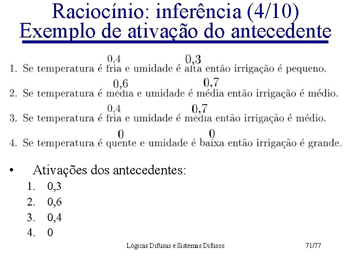Raciocínio: inferência (4/10) Exemplo de ativação do antecedente • Ativações dos antecedentes: 1. 2.