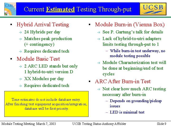 Current Estimated Testing Through-put • Hybrid Arrival Testing à à à • Module Burn-in