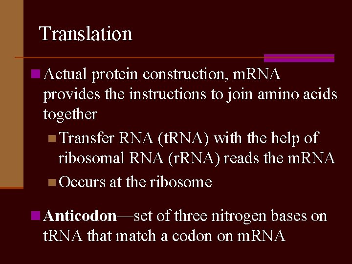 Translation n Actual protein construction, m. RNA provides the instructions to join amino acids