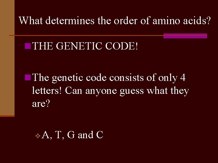 What determines the order of amino acids? n THE GENETIC CODE! n The genetic