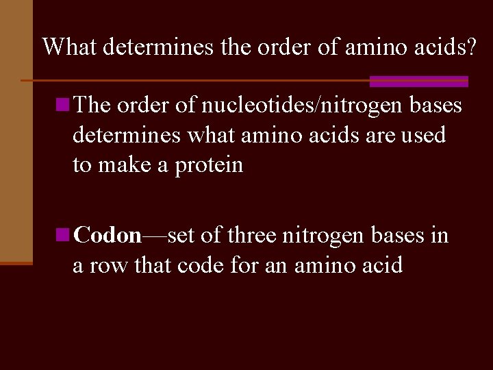 What determines the order of amino acids? n The order of nucleotides/nitrogen bases determines