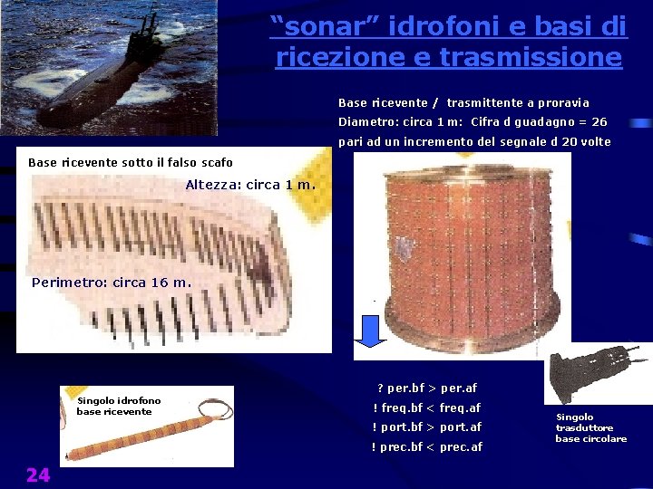 “sonar” idrofoni e basi di ricezione e trasmissione Base ricevente / trasmittente a proravia