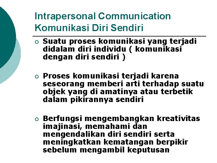 Intrapersonal Communication Komunikasi Diri Sendiri ¡ Suatu proses komunikasi yang terjadi didalam diri individu