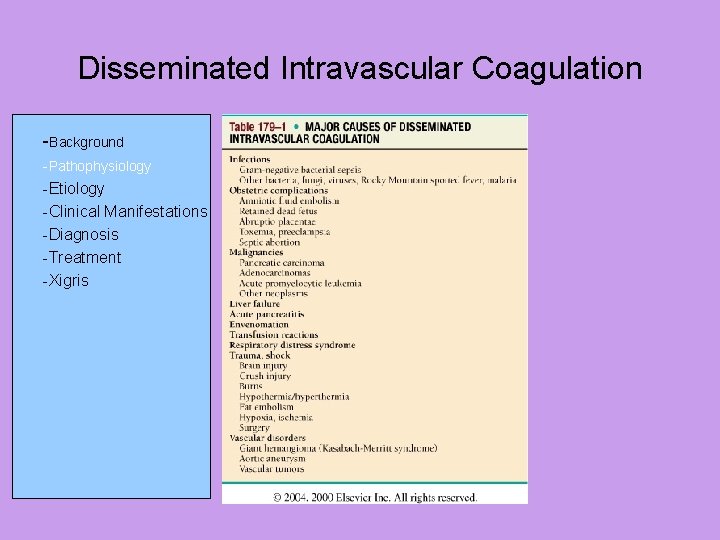 Disseminated Intravascular Coagulation -Background -Pathophysiology -Etiology -Clinical Manifestations -Diagnosis -Treatment -Xigris 