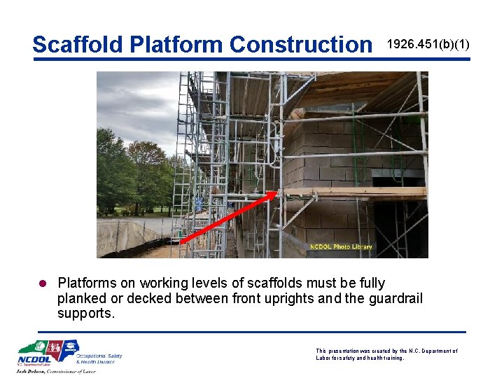 Scaffold Platform Construction 1926. 451(b)(1) l Platforms on working levels of scaffolds must be