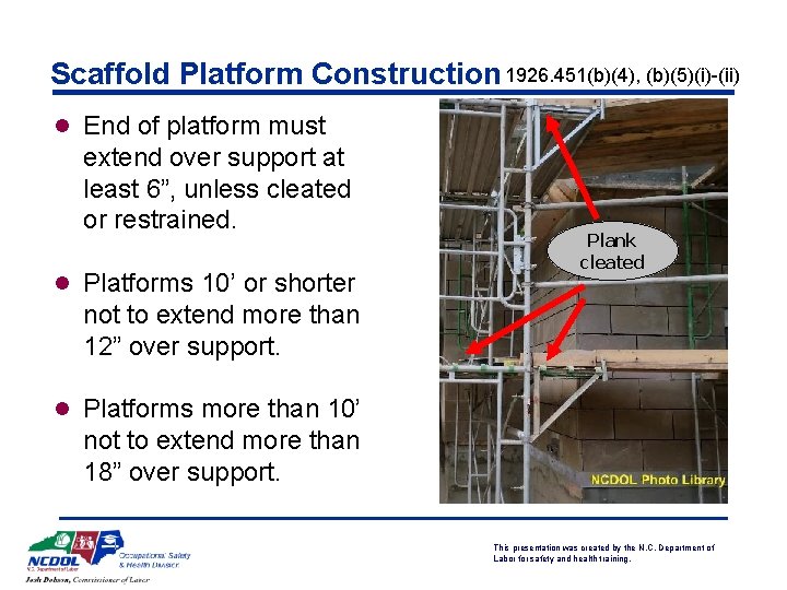 Scaffold Platform Construction 1926. 451(b)(4), (b)(5)(i)-(ii) l End of platform must extend over support