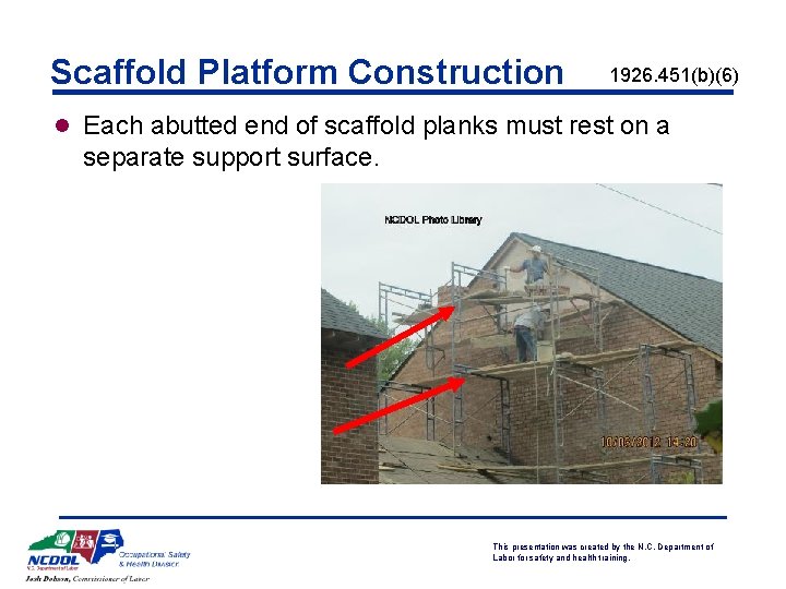 Scaffold Platform Construction 1926. 451(b)(6) l Each abutted end of scaffold planks must rest
