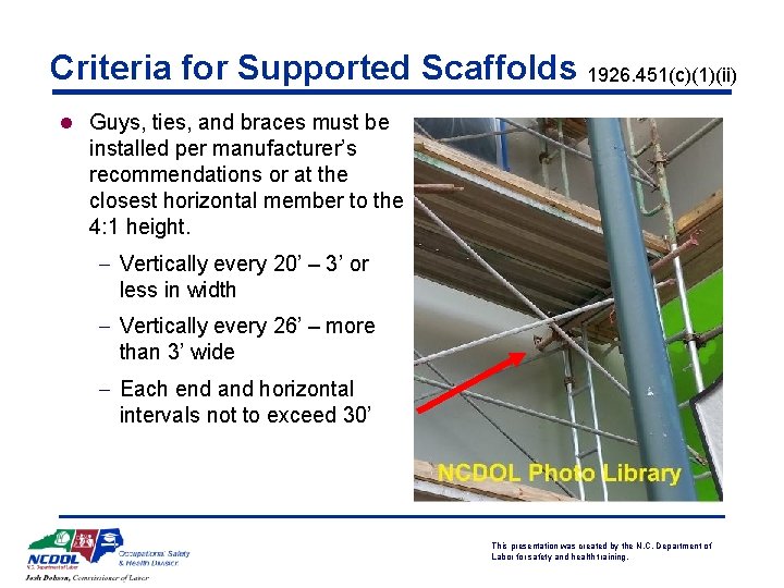 Criteria for Supported Scaffolds 1926. 451(c)(1)(ii) l Guys, ties, and braces must be installed