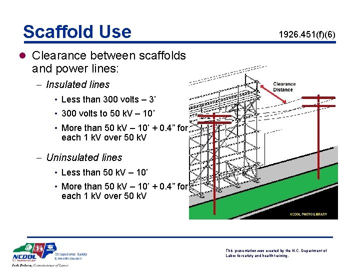 Scaffold Use 1926. 451(f)(6) l Clearance between scaffolds and power lines: - Insulated lines
