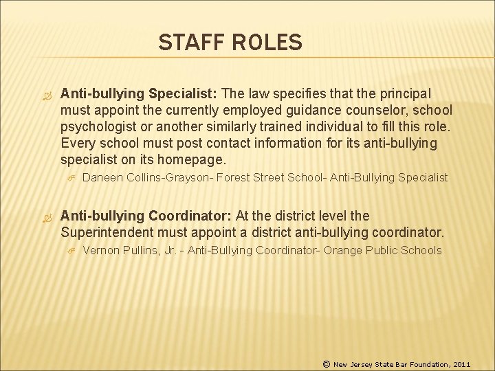 STAFF ROLES Anti-bullying Specialist: The law specifies that the principal must appoint the currently
