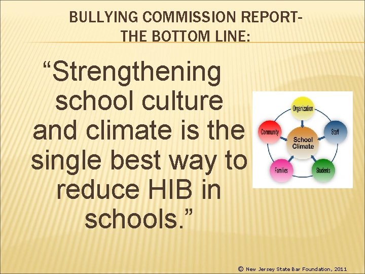 BULLYING COMMISSION REPORTTHE BOTTOM LINE: “Strengthening school culture and climate is the single best