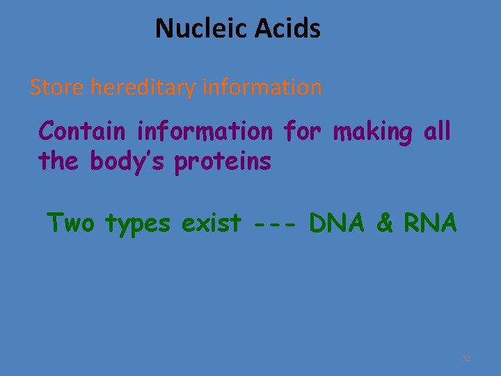 Nucleic Acids Store hereditary information Contain information for making all the body’s proteins Two