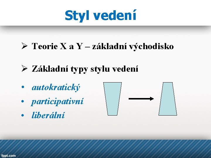 Styl vedení Ø Teorie X a Y – základní východisko Ø Základní typy stylu