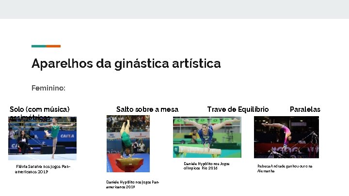 Aparelhos da ginástica artística Feminino: Solo (com música) assimétricas Salto sobre a mesa Trave