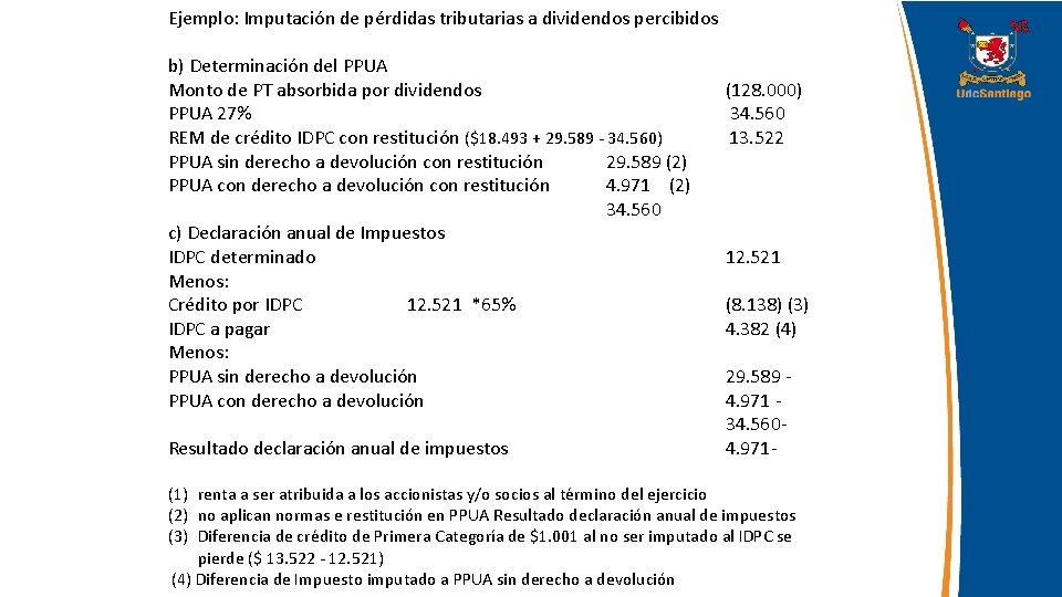 Ejemplo: Imputación de pérdidas tributarias a dividendos percibidos b) Determinación del PPUA Monto de