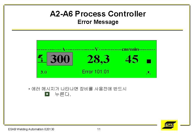 A 2 -A 6 Process Controller Error Message Error 101: 01 • 에러 메시지가