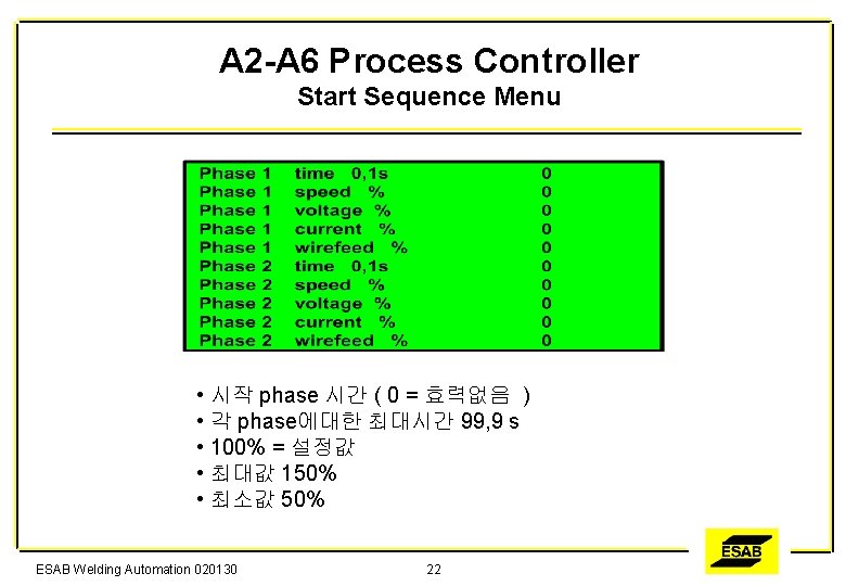 A 2 -A 6 Process Controller Start Sequence Menu • 시작 phase 시간 (