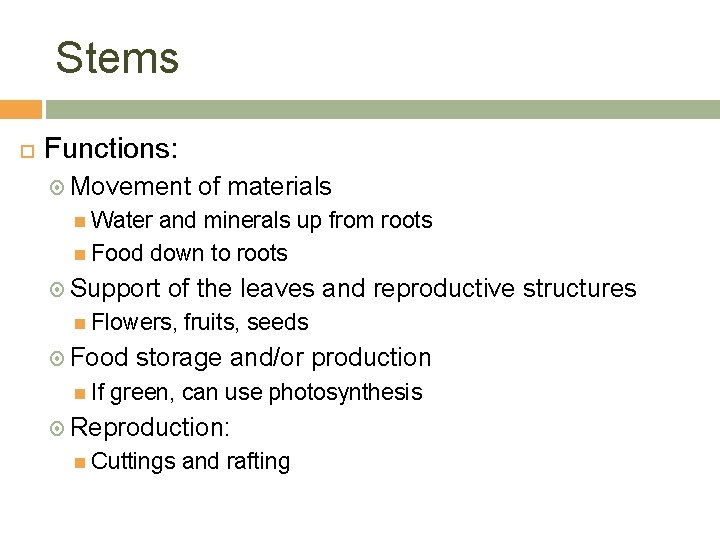 Stems Functions: Movement of materials Water and minerals up from roots Food down to