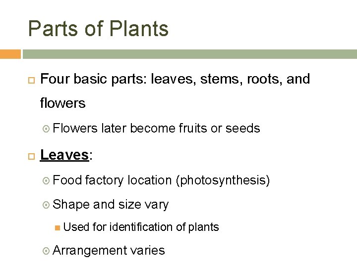 Parts of Plants Four basic parts: leaves, stems, roots, and flowers Flowers later become