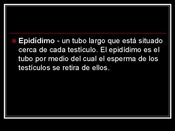 n Epidídimo - un tubo largo que está situado cerca de cada testículo. El